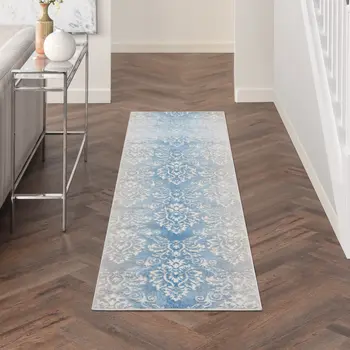 8' Blue and Ivory Damask Distressed Non Skid Runner Rug