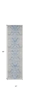 8' Blue and Ivory Damask Distressed Non Skid Runner Rug
