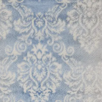 8' Blue and Ivory Damask Distressed Non Skid Runner Rug