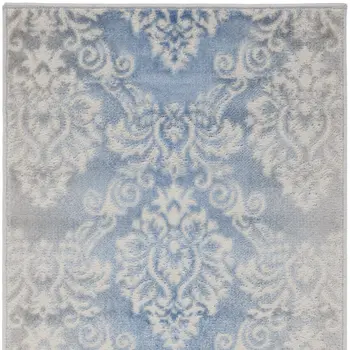 8' Blue and Ivory Damask Distressed Non Skid Runner Rug