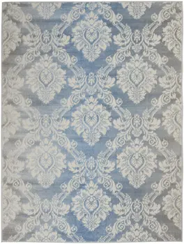 4' X 6' Blue and Ivory Damask Distressed Non Skid Area Rug