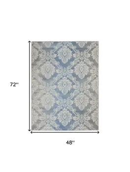 4' X 6' Blue and Ivory Damask Distressed Non Skid Area Rug