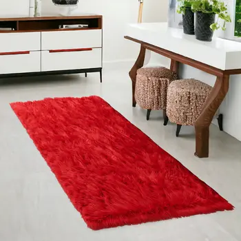 2' X 5' Red Faux Sheepskin Shag Washable Area Rug