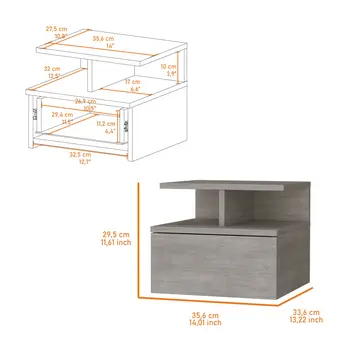 12" Gray Wood One Drawer Floating Nightstand