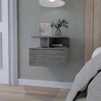 12" Gray Wood One Drawer Floating Nightstand