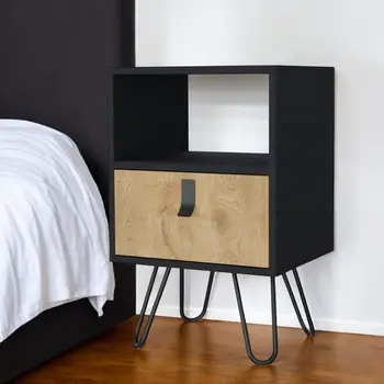 30" Black And Natural Wood One Drawer Nightstand