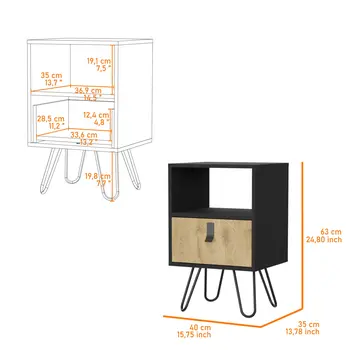 30" Black And Natural Wood One Drawer Nightstand