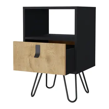 30" Black And Natural Wood One Drawer Nightstand