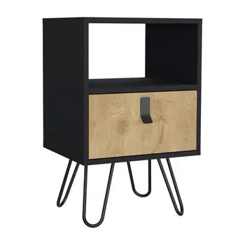 30" Black And Natural Wood One Drawer Nightstand