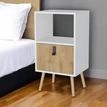 30" White And Natural Wood One Drawer Nightstand
