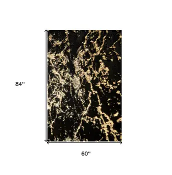 5' X 7' Black and Gold Faux Fur Abstract Shag Non Skid Area Rug