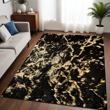 5' X 7' Black and Gold Faux Fur Abstract Shag Non Skid Area Rug