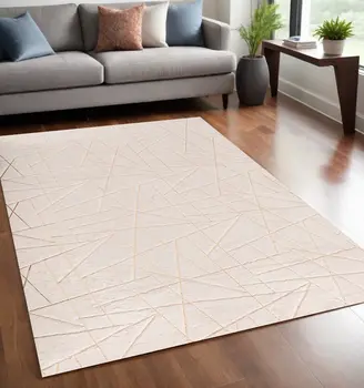 5' X 7' Beige and Gold Faux Fur Abstract Geometric Washable Non Skid Area Rug