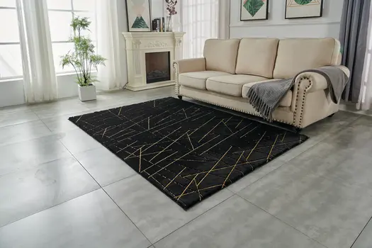 3' X 5' Black and Gold Faux Fur Abstract Shag Non Skid Area Rug