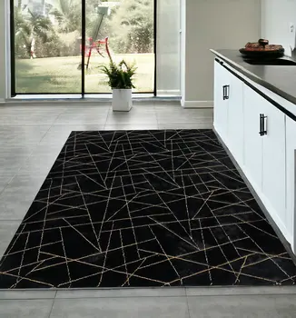 4' X 6' Black and Gold Faux Fur Abstract Shag Non Skid Area Rug