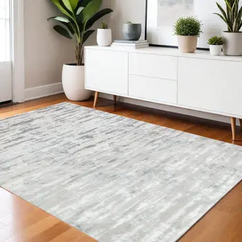 4' X 6' Silver Gray And Off White Abstract Washable Area Rug