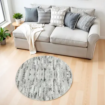 4' Silver Gray And Off White Abstract Washable Round Rug