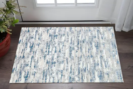 3' X 5' Navy Blue Gray And Off White Abstract Washable Area Rug
