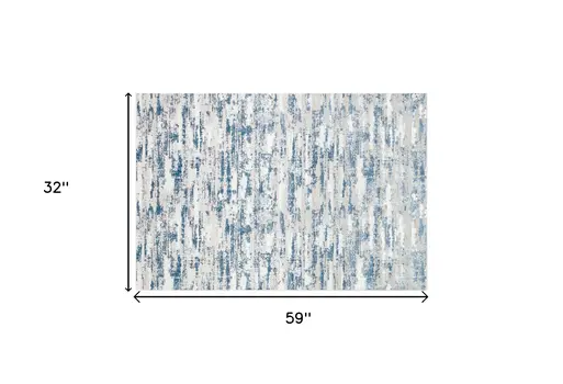 3' X 5' Navy Blue Gray And Off White Abstract Washable Area Rug
