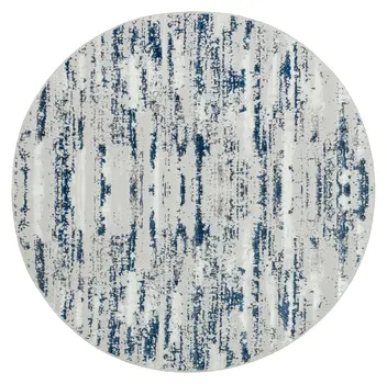 7' Navy Blue Gray And Off White Abstract Washable Round Rug