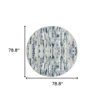 7' Navy Blue Gray And Off White Abstract Washable Round Rug