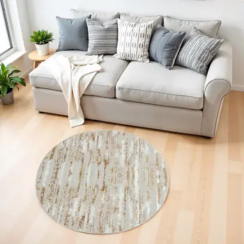 4' Beige Ivory And Off White Abstract Washable Round Rug