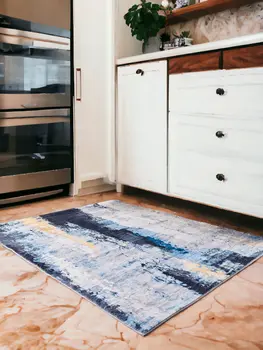 4' X 6' Blue and Yellow Abstract Printed Washable Non Skid Area Rug