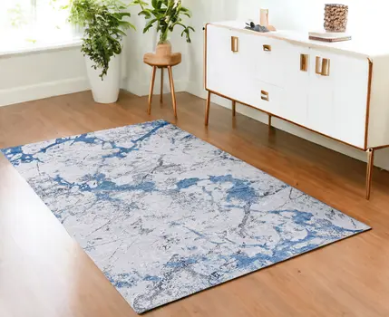 4' X 6' Blue and Silver Abstract Printed Washable Non Skid Area Rug