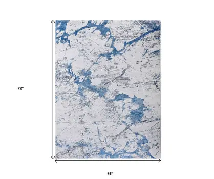 4' X 6' Blue and Silver Abstract Printed Washable Non Skid Area Rug