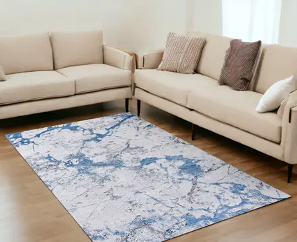 5' X 7' Blue and Silver Abstract Printed Washable Non Skid Area Rug