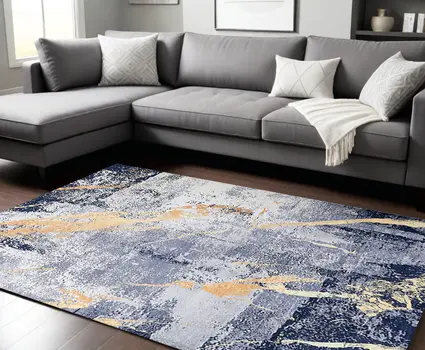 8' X 11' Blue and Yellow Abstract Shag Printed Washable Non Skid Area Rug