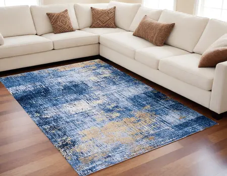5' X 7' Blue And Gold Abstract Shag Washable Area Rug