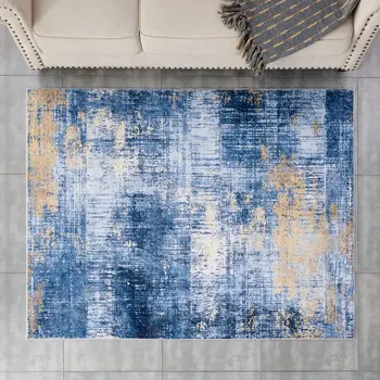 5' X 7' Blue And Gold Abstract Shag Washable Area Rug