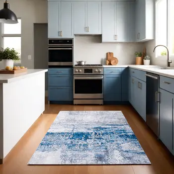 4' X 6' Gray and Blue Abstract Shag Printed Washable Non Skid Area Rug