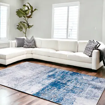 8' X 11' Gray and Blue Abstract Shag Printed Washable Non Skid Area Rug