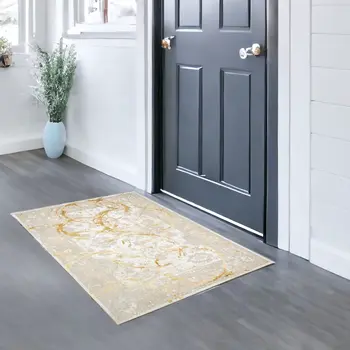 3' X 5' Beige and Gold Abstract Area Rug