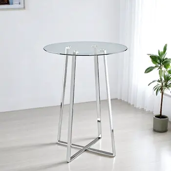 32" Clear and Silver Rounded Glass and Iron Bar Table