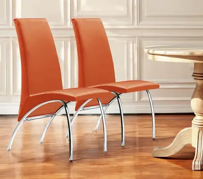 Set of Two Orange And Silver Upholstered Faux Leather Dining Side Chairs