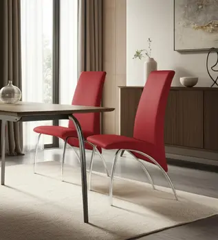 Set of Two Red and Silver Upholstered Faux Leather Dining Side Chairs
