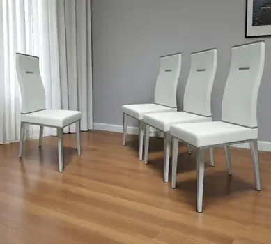 Set of Four White and Silver Upholstered Faux Leather Dining Side Chairs