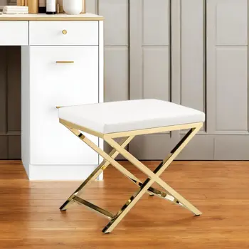 21" White and Gold Faux Leather Vanity Chair