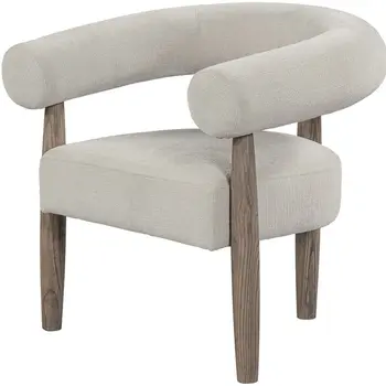 29" Cream and Light Brown Fabric And Wood Curved Arm Chair