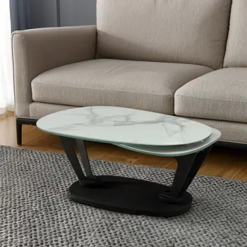 36" White And Black Faux Marble And Metal Oval Coffee Table