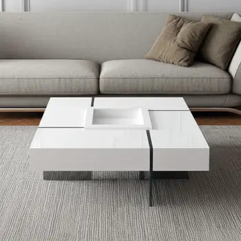 47" White And Clear Wood And Glass Square Sled Coffee Table