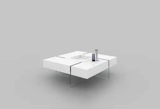 47" White And Clear Wood And Glass Square Sled Coffee Table