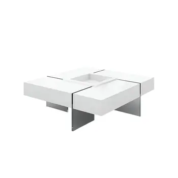 47" White And Clear Wood And Glass Square Sled Coffee Table