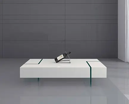 53" White And Clear Wood And Glass Sled Coffee Table