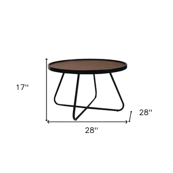 28" Brown and Black Wood and Metal Round Cross Legs Coffee Table