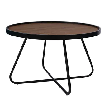 28" Brown and Black Wood and Metal Round Cross Legs Coffee Table