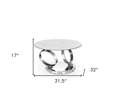 32" White And Silver Ceramic Tile And Metal Round Abstract Coffee Table